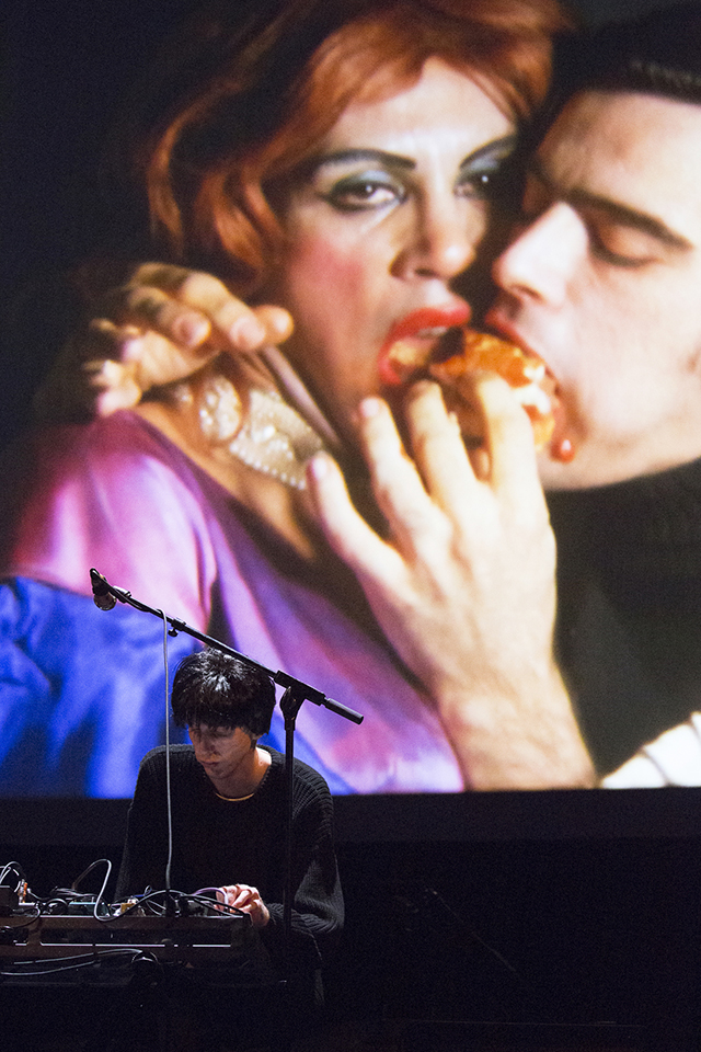 Bradford Cox performing to 'Mario Montez and Boy' (1965)       16mm film, color, silent, 4 minutes at 16fps       With Mario Montez, Richard Schmidt (Photo by Rebecca Greenfield/BAM) 