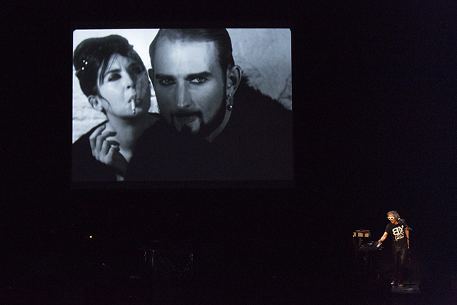 Martin Rev performing to 'Jack Cigarette' (excerpt from 'Batman Dracula') (1964)     16mm film, black and white, silent, 4.4 minutes at 16fps; with Beverly Grant, Jack Smith (Photo by Rebecca Greenfield) 